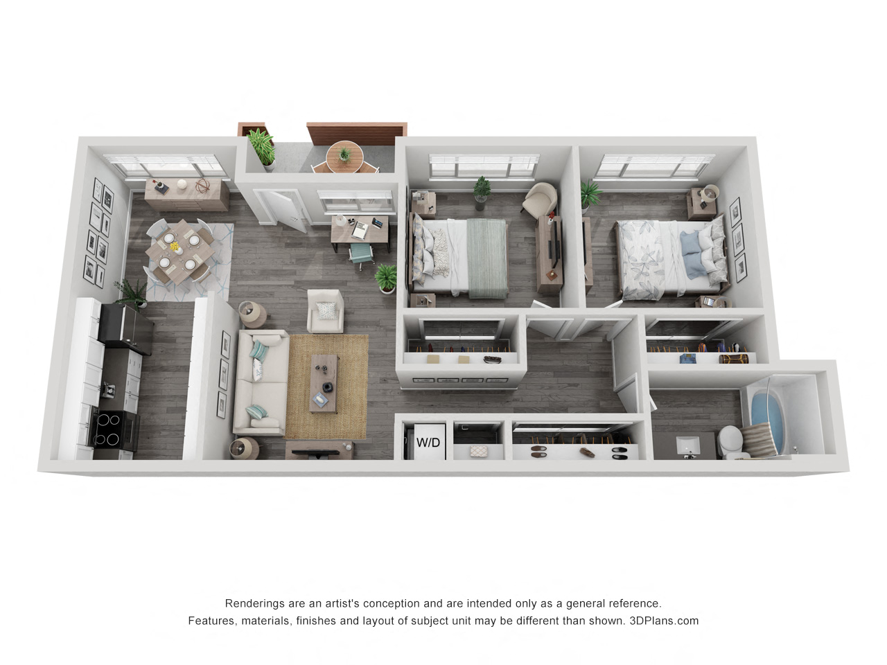 Floor plan for 2 beds, 1 bath, 915 sqft